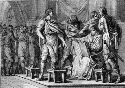 On the death of Clotaire I, his four sons each received part of the kingdom (engraving) by French School