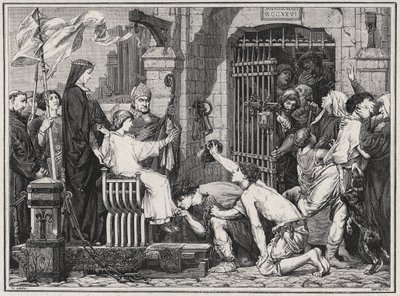On the occasion of his future (1227), the young Louis IX made prisoners delivate - engraving in 