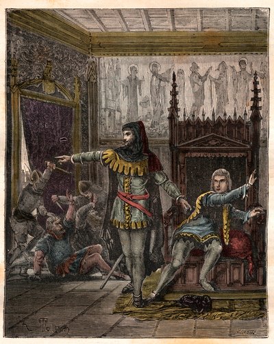 One hundred years war: The dolphin Charles (then Charles V) and Etienne Marcel who murdered two ministers Robert de Clermont and Jean de Conflans in the room of the French dolphin by French School