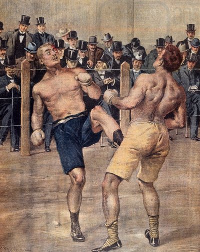 One of first savate meetings, French boxing, fought in Paris in 1899, Colour engraving by French School