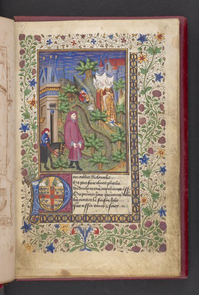 A gentleman in a landscape, followed by another mounted on a horse, with three ladies. Le livre des quatre dames; par Alain Chartier by French School