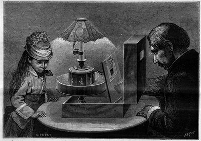 Optical illusion: the praxinoscope theatre, apparatus invented by Emile Reynaud. Engraving in 