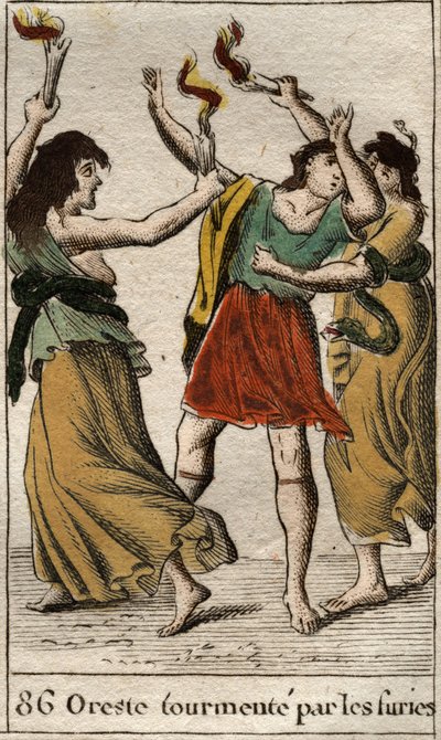 Orestes pursued by the Erinyes (or Furies) for avenging the death of his father Agamemnon by killing his mother Clytemnestra. From “Mythology of Youth” by Pierre Blanchard 1803. by French School