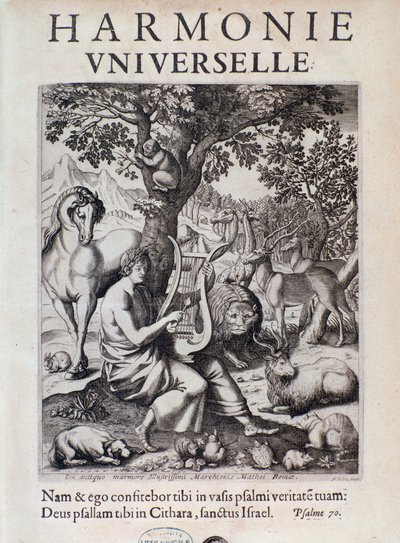 Orpheus playing for animals. Frontispiece of Harmonie universelle by Marin Mersenne by French School