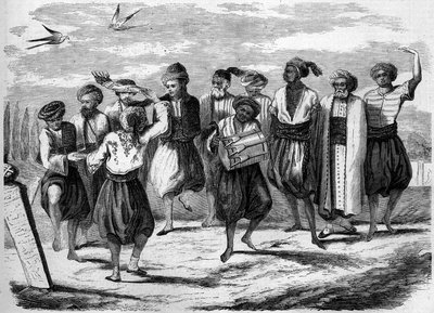 Orthodox feast: Greek Easter dances at the Grand Field of the Dead in Constantinople. Engraving in Le Monde Illustré n°52 of 10 April 1858. by French School