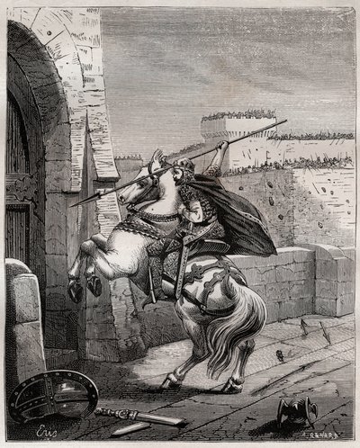 Otto II, Holy Roman Emperor before Paris - Otto II of the Holy Empire, known as the Red (955-983) irritates not being able to penetrate Paris (Paris siege, 978), advances under the walls of the city to plant his spear in the door - engraving by French School