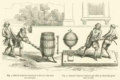 Otto von Guericke Trying to Create a Vacuum in a Barrel, Second Vessel Used by Otto von Guericke to Create a Vacuum (engraving) by French School