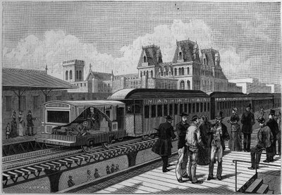 Overview of the Elevated Railroad Station and Electric Train in New York, USA. Engraving in 