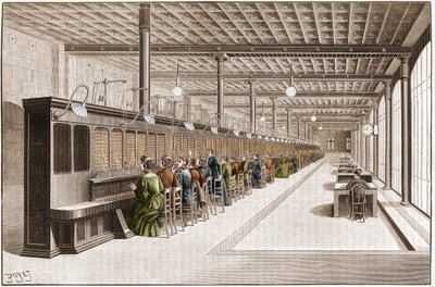 Overview of the large telephonic office on rue Gutenberg in Paris, organized to serve 6000 subscribers. (engraving from 1895) by French School