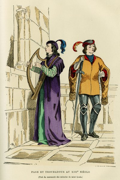 Page costumes and troubadour in the 13th century. Colour engraving after a drawing of the manuscript of the miracles of Saint Louis, in 