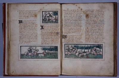 Pages 57 and 58, from Le Livre du Roy Modus et de la Royne Racio, by Henri de Ferrieres, c.1420 by French School
