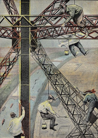 Painters at work, suspended 200 metres above Paris, to paint the Eiffel Tower in 1899. Engraving in Le Pelerin 16/07/1899. by French School