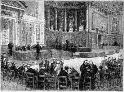 Palais du Luxembourg in Paris: election of 30 January for the election of senators of the department of the Seine. Standing, the chair in one hand is recognized as Victor Hugo (1802-1885), politician. Engraving in "L
