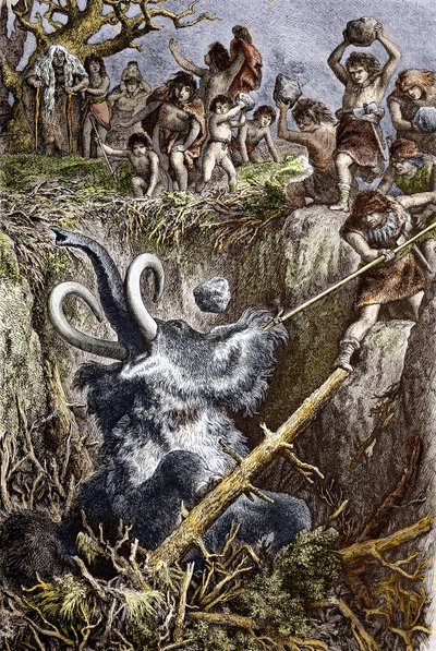 Paleolithic: Mammoth Hunting Scene by French School