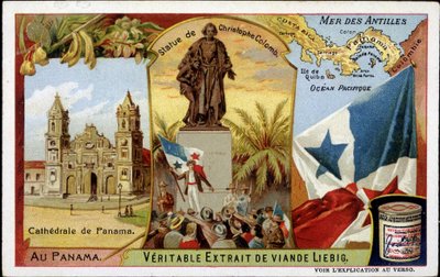 Panama: the cathedral, the statue of Columbus, the flag by French School