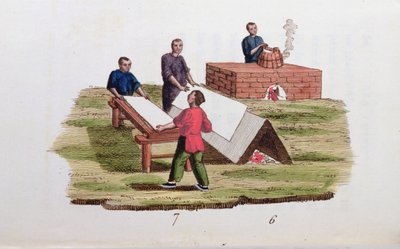 Paper manufacturing from bamboo, from La Chine en Miniatures by M. Breton, published in Paris, 1811 by French School
