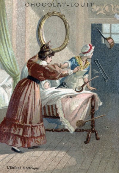 Paranormal activity: a newborn moving objects by levitation (Chromolithography of the end of the 19th century) by French School
