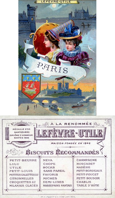 Paris, front and reverse of a promotional card for Lefèvre-Utile (LU) biscuits, late 19th century by French School