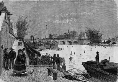 Paris, winter 1868: the Seine frozen. View of the river at the height of the Pont Neuf. Engraving in "Le Monde Illustre" n°561 of 11 January 1868. by French School