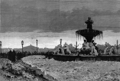 Paris under the snow, winter 1879-1880: view of one of the fountains of Place de la Concorde during the frost. Engraving by Scott in 