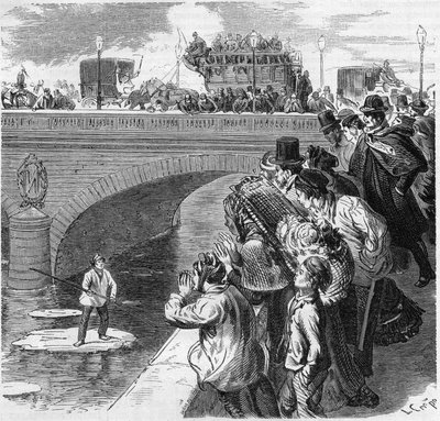 Paris, winter 1870: a child climbs on an ice floe headed towards the Seine, from the Bercy bridge to the Passy viaduct. Engraving in Le Monde Illustré n°672 of 26 February 1870 by French School