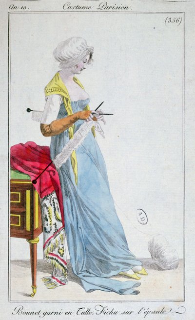 Parisian costume: bonnet trimmed with tulle, fichu on the shoulders, 1802 by French School