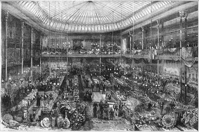 Parisian department stores: view of the Little Saint Thomas store hall in 1878. Engraving by Scott from 