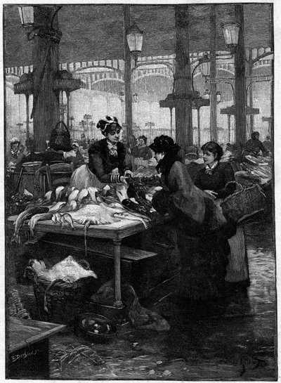 Parisian scene in the 19th century: a fish merchant and a client at Halles central. Derbier engraving from Gilbert