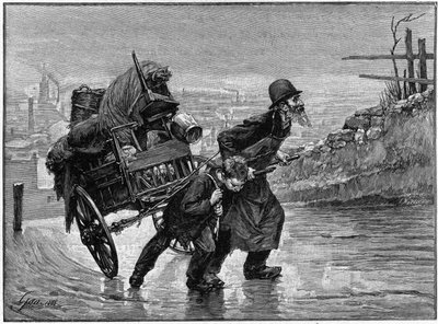 Parisian scene in the 19th century: an old man and a child dragging their cart down the street. Engraving by Rousseau after Geoffroy