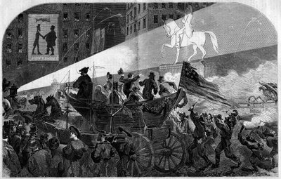 Party in the Streets of New York to Celebrate the Installation of the Transatlantic Telegraphic Cable Between the United States and England in 1858. Engraving in Le Monde Illustré n°79 of 16 October 1858 by French School