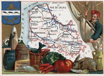 Pas de Calais (62), Nord Pas de Calais, France. Local specialities: black soap, dirty fish, cider and tobacco. Series on the French Departments. Chromolithography the geographic thread, circa 1920. Private collection by French School