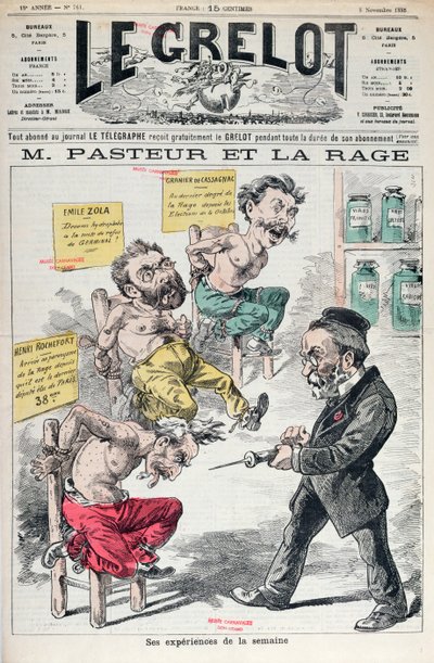 Pasteur and Rabies, Caricature of the Experiments of Louis Pasteur from Le Grelot, 8th November 1885 by French School