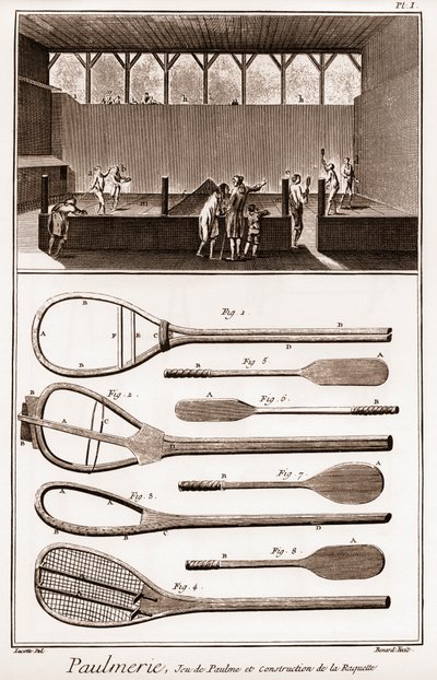 Paulmerie - Jeu de paume et construction de la racket - Jeu de Paume court and various stages in the construction of racquets (paddle-bats or battoirs) - 