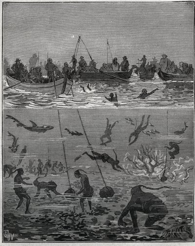 Pearl fishers in Ceylon (present-day Sri Lanka) in the 19th century. Engraving from 1885 in Les arts et metiers illustres by Adolphe Bitard. by French School