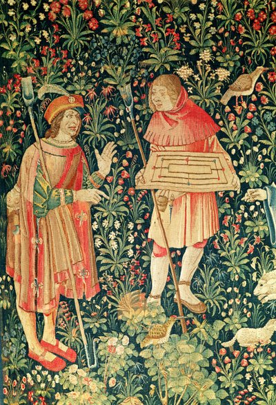 Peasant carrying a jeu de marelle board, from Jeu de Marelle et Cueillette de Fruits, Loire Workshop, 1510 by French School