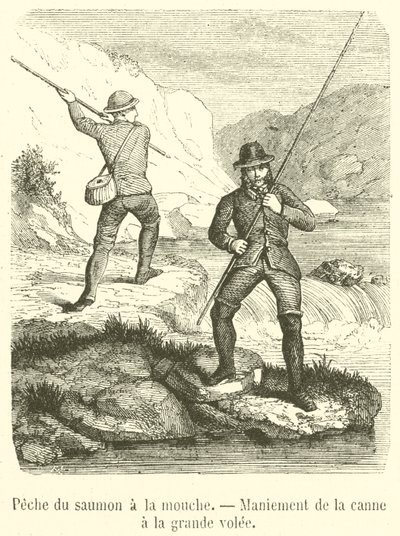 Salmon Fishing with a Fly, Handling the Rod with a Great Cast (engraving) by French School
