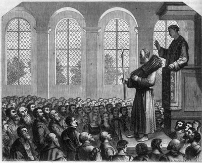 Persecutions of Protestants in England in the 16th century: public penitence of James Bainham (Baynham) in Saint Paul. Accused of heresy, he was condemned to stand before the pulpit, a fagot on his head, during a sermon pronounced against him by French School