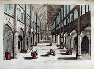 Perspective view of the interior of the church of Saint Severin in Paris - optical view by French School