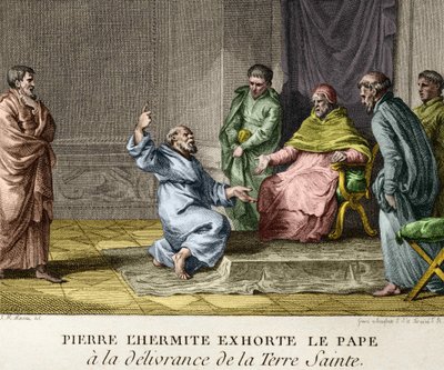 Peter the Hermit exhorts Pope Urban II to the deliverance of the Holy Land in 1093 (Peter the Hermit preaching the first Crusade) - Engraving from the Figures of the History of France, late 18th century by French School