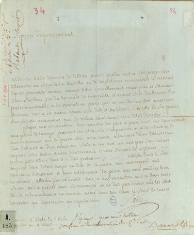 Petition by Aldonze Sade for employment, 1794-95 by French School