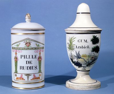 Pharmaceutical jars for Pilule de radius and Gum Arabic by French School