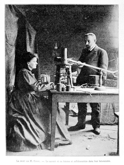 Pierre and Marie Curie in their Laboratory by French School