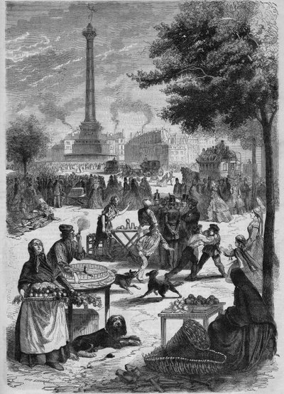 Place de la Bastille on a Sunday in September. Engraving after a Sketch by Pignard from 1865 by French School