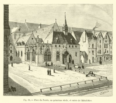 Place du Parvis in the Fifteenth Century, and Entrance of the Hotel-Dieu by French School