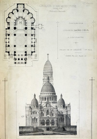 Plan and elevation of the Sacred Heart, project by Mr. Abadie, late 19th century by French School
