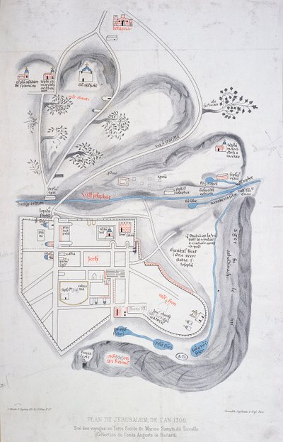 Plan of Jerusalem in 1308, illustration from a facsimile edition of Liber de Expeditione Terrae Sanctae by Marino Sanuto di Torcello by French School