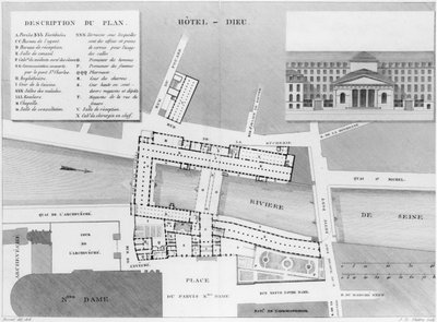 Plan of the Hotel-Dieu, Paris, illustration from Description des Hopitaux de Paris, engraved by Jacques Etienne Thierry after Bessat, 1808 by French School