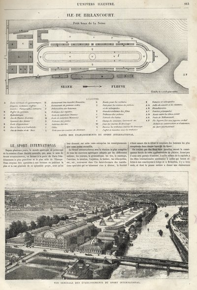 Plan of the establishment of the International Sport, which must be built in the island of Billancourt in 1869 - general view of the establishments of international sport on the island of Billancourt in 1869 by French School