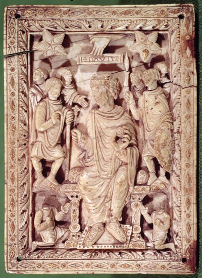 Plaque depicting King David enthroned, from Reims, 9th-10th century by French School