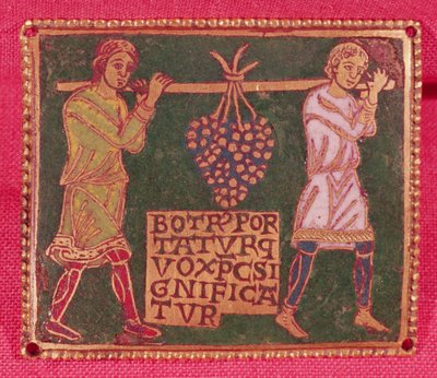 Plaque from a cross depicting two men carrying the grapes of the promised land, Mosane School by French School